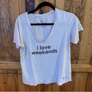 Peace Love World White Graphic Tee with 'I Love Weekends' Print
